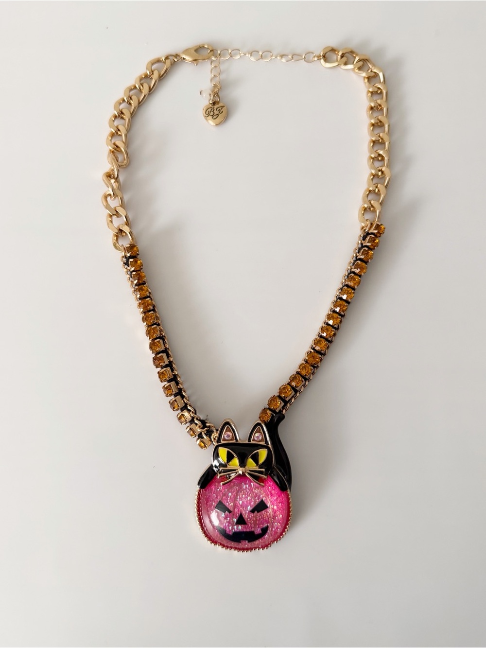 Betsey Johnson Cat Pink Pumpkin Gold Tone Halloween Statement Necklace - Picture 2 of 13